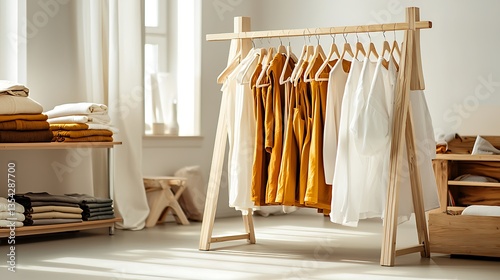 Modern Minimalist Clothing Rack with Casual Fashion in Bright Room Filled with Natural Light