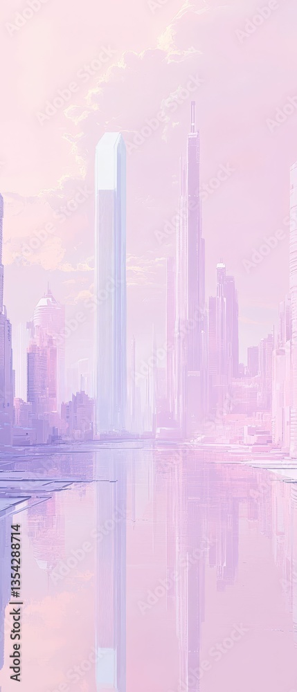 Naklejka premium Ethereal cityscape reflects in pastel water a tranquil fantasy.