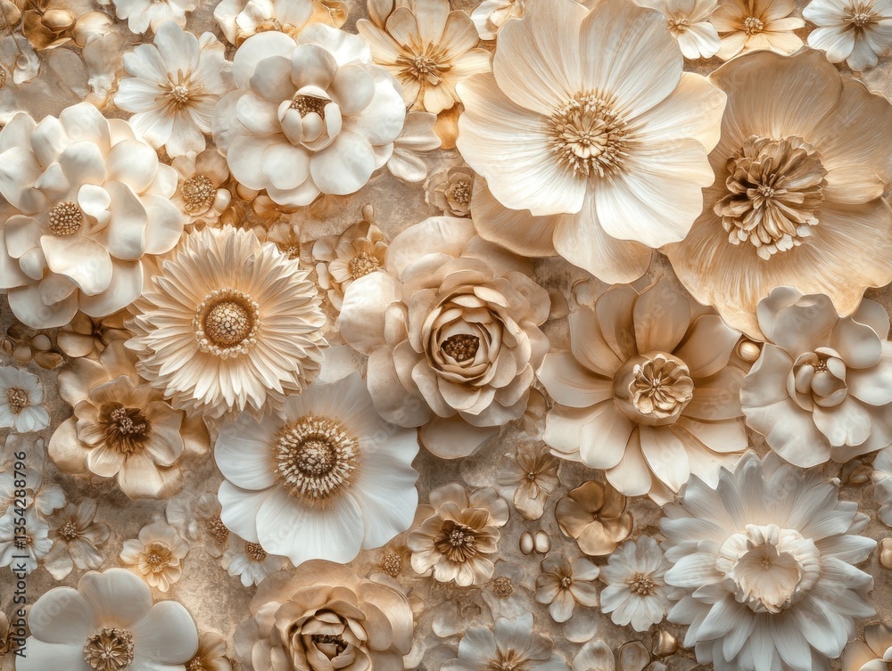 A high-quality 3D mural featuring flowers in gold and cream tones. The intricate details of the flowers add depth, while the soft hues create an elegant and sophisticated visual.  
