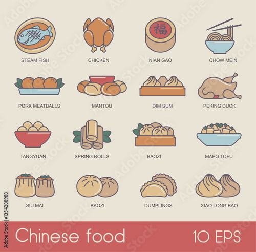 Traditional Chinese food. Set of flat icons with thin outline. Symbols of traditional Chinese dishes