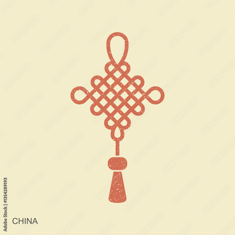 Obraz premium Chinese lucky knot with tassel. Lunar new year decoration. Red traditional Chinese ornament. Flat retro style icon. Vector Illustration