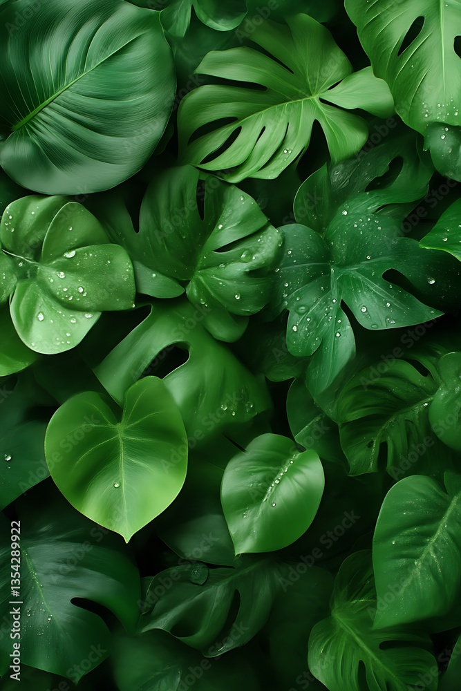 Fototapeta premium Lush Monstera Leaves Pattern with Water Droplets Close-up, Green Background