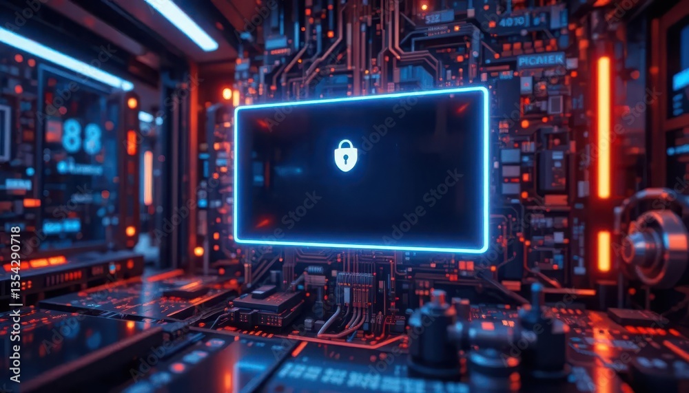 Security patch management concept. A futuristic digital environment showcasing a circuit board with a central screen displaying a lock symbol, emphasizing security and technology. Security patch management concept. A futuristic digital environment showcasing a circuit board with a central screen displaying a lock symbol, emphasizing security and technology.