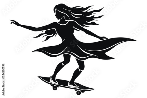 Silhouette of a woman on a skateboard white background