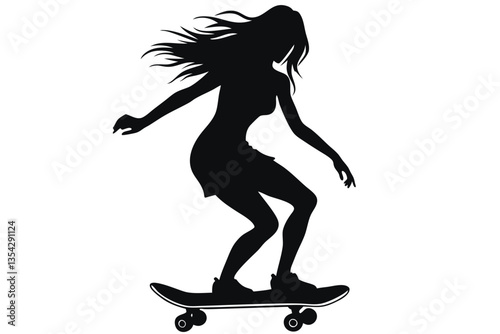 Silhouette of a woman on a skateboard white background