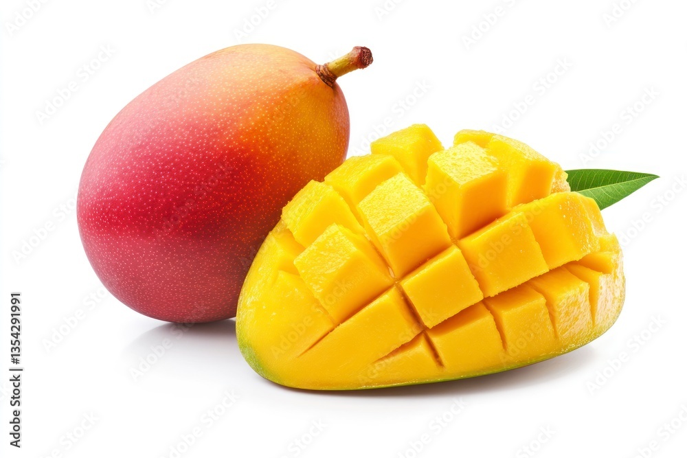 Fresh Mango Fruit Showing Slices and Whole on White Background Fresh Mango Fruit Showing Slices and Whole on White Background