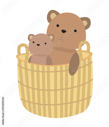 Two adorable teddy bears are comfortably sitting in a wicker basket