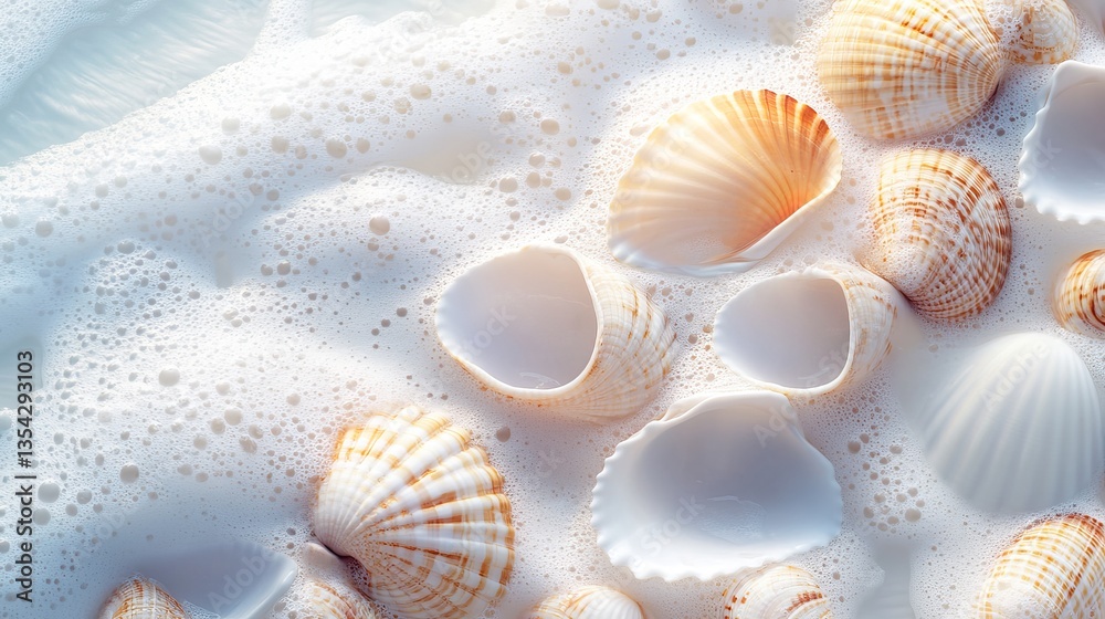 Serene Background of Seashells Resting in Soft Sand: A Peaceful Coastal Escape Serene Background of Seashells Resting in Soft Sand: A Peaceful Coastal Escape