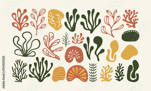 Modern vector-style illustration featuring a collection of stylized botanical elements, easily editable.