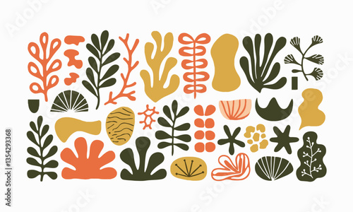 Modern vector-style illustration featuring a collection of stylized botanical elements, easily editable.