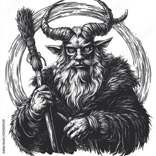 Classic engraving of Krampus holding a broom, dark and detailed line work, black and white palette, isolated object for logo or emblem use, with folklore-inspired textures.