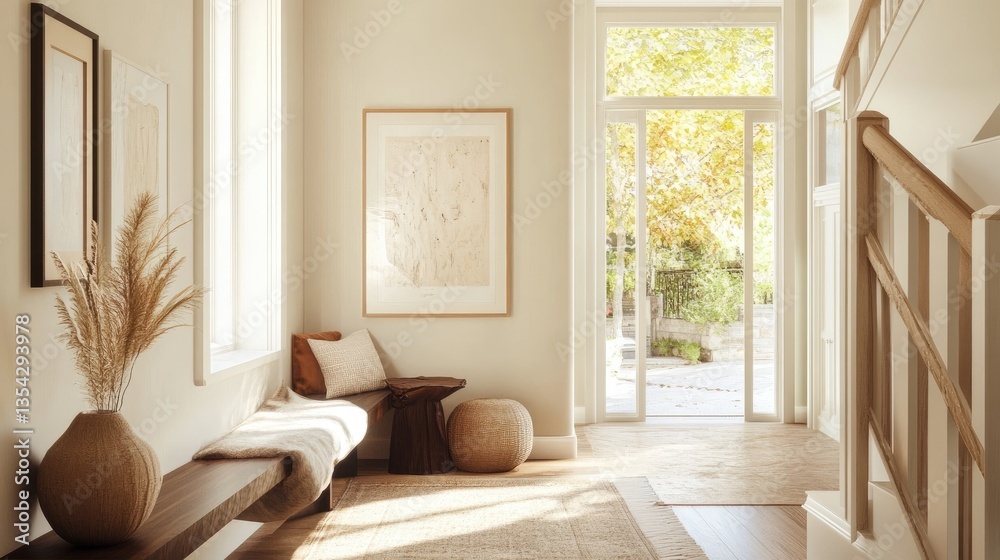 Fototapeta premium A stylish beige boho entryway with framed artwork on the walls, creating a peaceful, eclectic atmosphere filled with natural light.