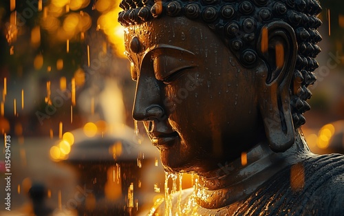 Low angle shot of a Buddha statue being bathed in water, sacred ritual, spiritual devotion, imposing presence, golden light