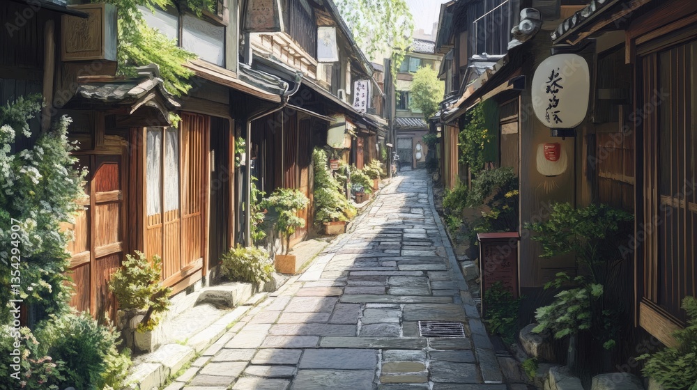 A tranquil Japanese street sketch, with an alley lined by traditional architecture, offering a peaceful, serene atmosphere in soft, detailed lines. A tranquil Japanese street sketch, with an alley lined by traditional architecture, offering a peaceful, serene atmosphere in soft, detailed lines.