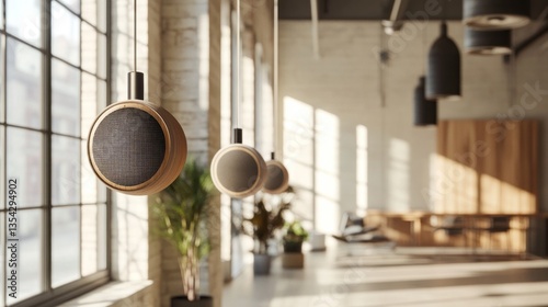 Modern wooden speakers hang in a sunlit industrial loft space