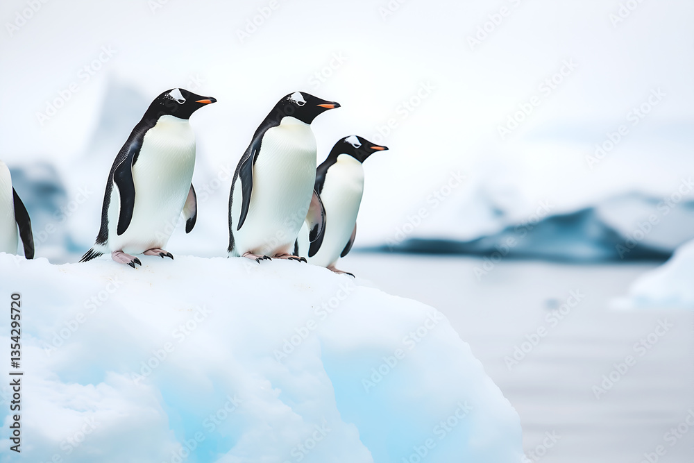 Fototapeta premium Three penguins standing on an iceberg in the antarctic wilderness looking towards the horizon capturing a serene and cold atmosphere of Antarctica wildlife 