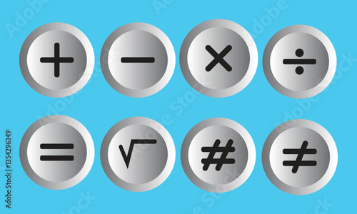 Plus, minus, addition, subtraction, equal, icon set in white circle. Plus and minus sign set.  Round plus and minus multiply divide equal not equal icons set with different thicknesses. Mathematics.