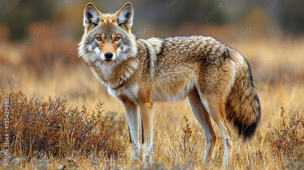Alert coyote standing in autumnal field.
