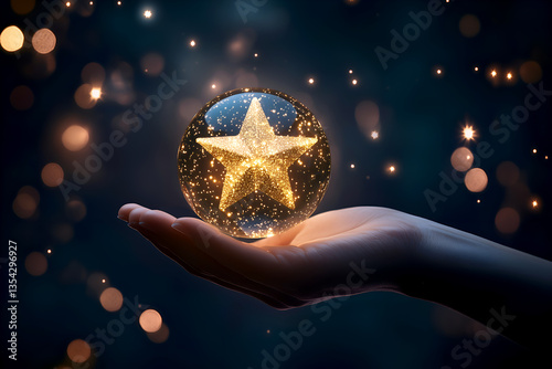 A glowing golden star encased in a crystal ball held delicately in a human hand, radiating light, creating a magical and enchanting scene, perfect for evoking wonder and aspiration against bokeh