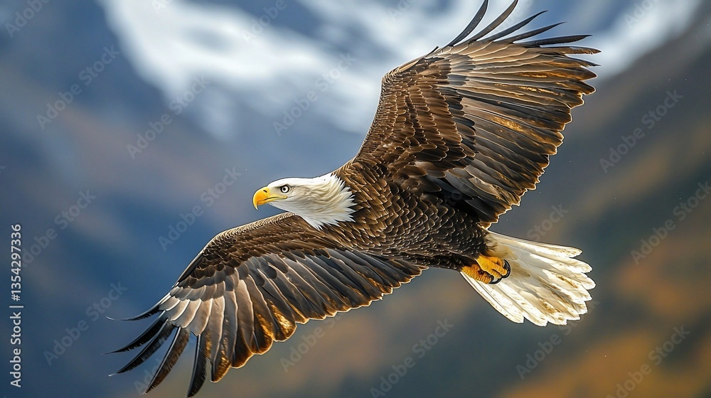 Fototapeta premium Majestic bald eagle in flight over mountains.