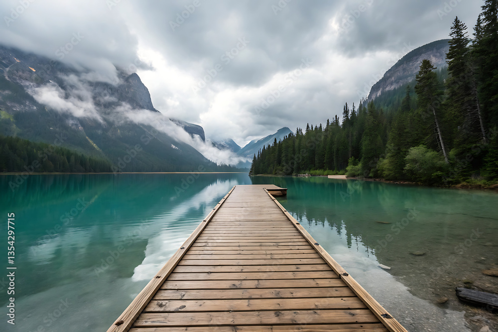 Serene Wooden Pier on a Tranquil Mountain Lake Surrounded by Misty Forests Serene Wooden Pier on a Tranquil Mountain Lake Surrounded by Misty Forests
