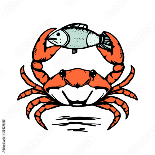 crab holding a fish, funny vector drawing