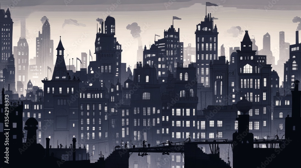 Obraz premium Dense cityscape buildings silhouette in muted grayscale.