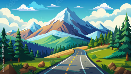 Mountain road leading to a snow-capped mountain peak