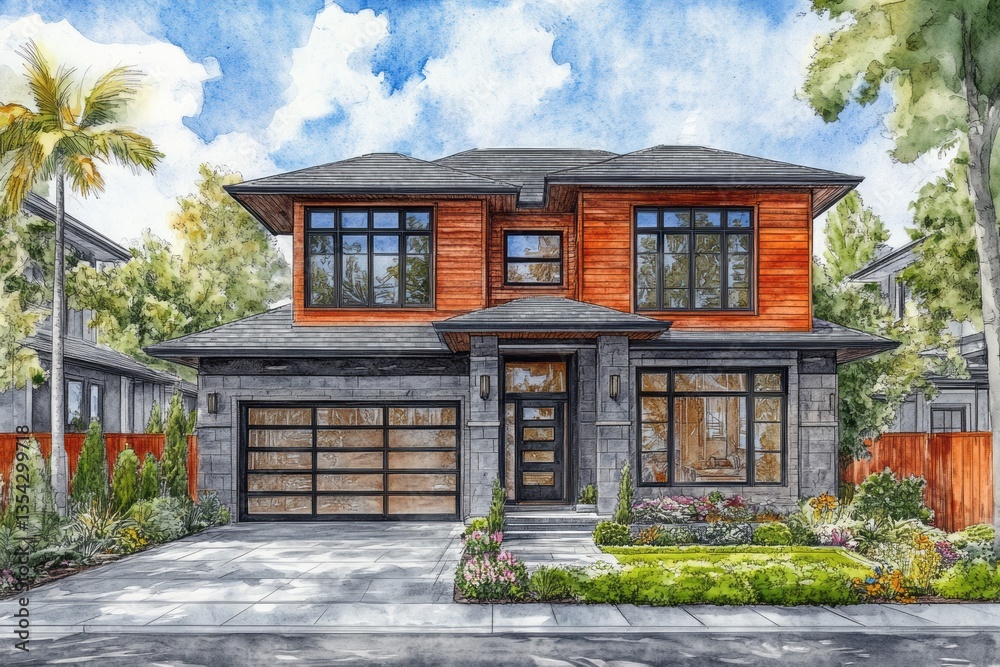 Fototapeta premium Watercolor painting depicts a two story modern residential house