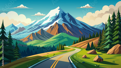A long road leading towards to hight mountains. Journey concept, copy space for text.