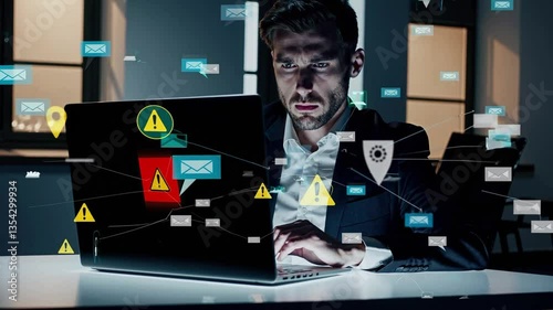 A focused young adult Caucasian male engages in cybersecurity analysis, surrounded by digital threats and email notifications in a modern office setting