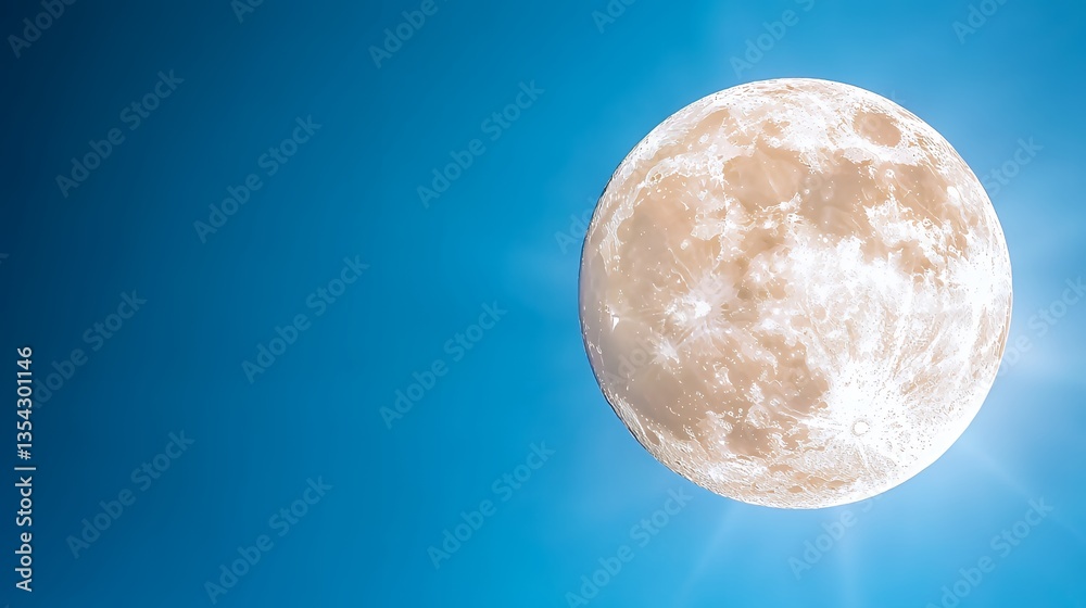 Obraz premium Full Moon Shining in a Bright Blue Sky with Light Flares, Celestial Night Scene