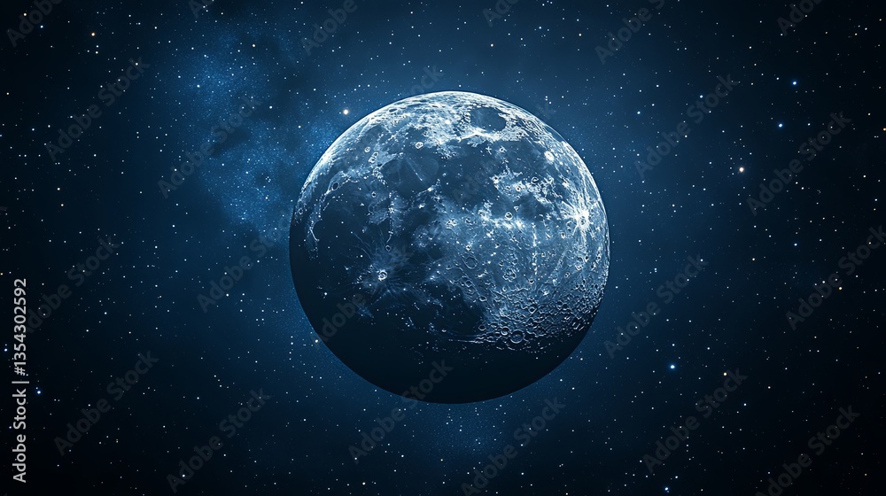 Fototapeta premium 标题： Glowing moon surrounded by luminous stars and planets in serene night sky with soft focus celestial details, astronomical alignment