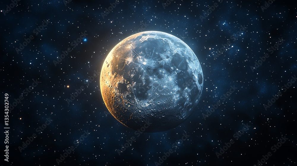 Obraz premium 标题： Glowing moon surrounded by luminous stars and planets in serene night sky with soft focus celestial details, astronomical alignment