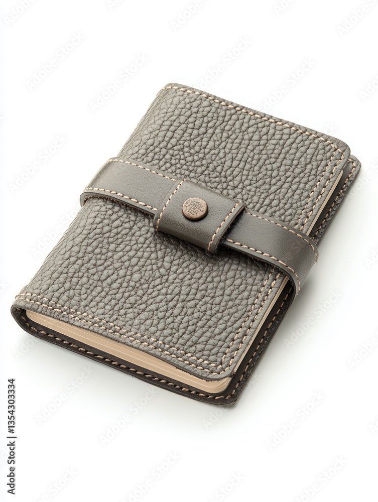 Stylish Gray Leather Notebook with Strap Closure on White Background Stylish Gray Leather Notebook with Strap Closure on White Background