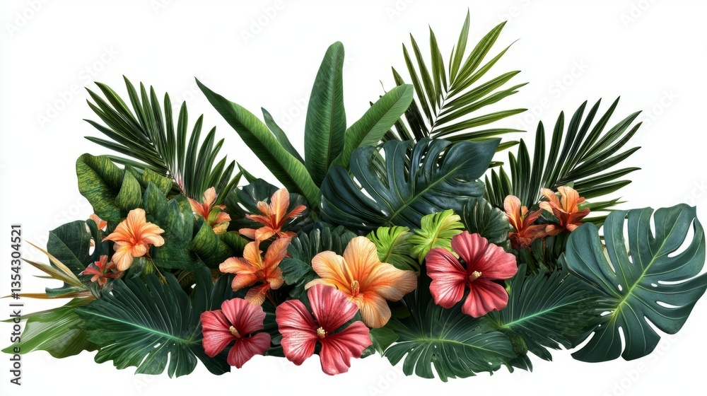Fototapeta premium Decorative tropical arrangement with vibrant foliage and flowers, displayed on transparent background, detailed textures, bold colors, clean edges, and professional and lush design.