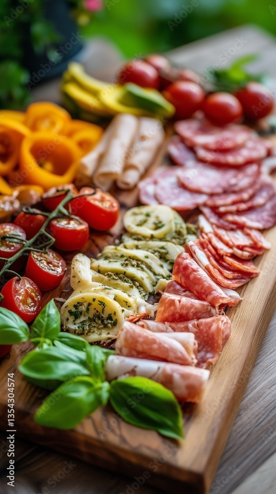 Appetizing charcuterie board with sliced meats, tomatoes, cucumbers, and herbs. Appetizing charcuterie board with sliced meats, tomatoes, cucumbers, and herbs.