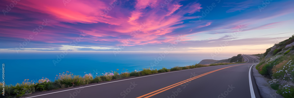 Fototapeta premium Sunset drive along the California coast road beautiful blue sky turning pink 