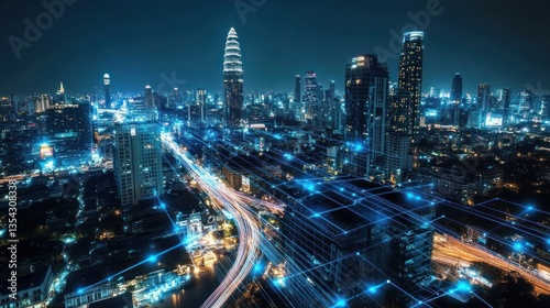 Night cityscape with glowing network, aerial view