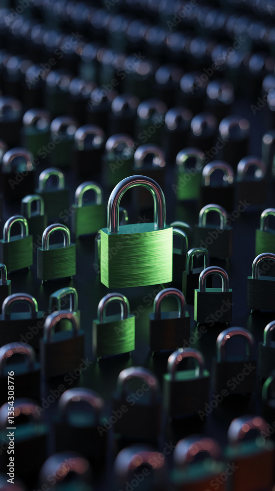 Obraz premium Close-up of numerous padlocks, one green, others dark, illustrating a concept of data security or unique identity within a system