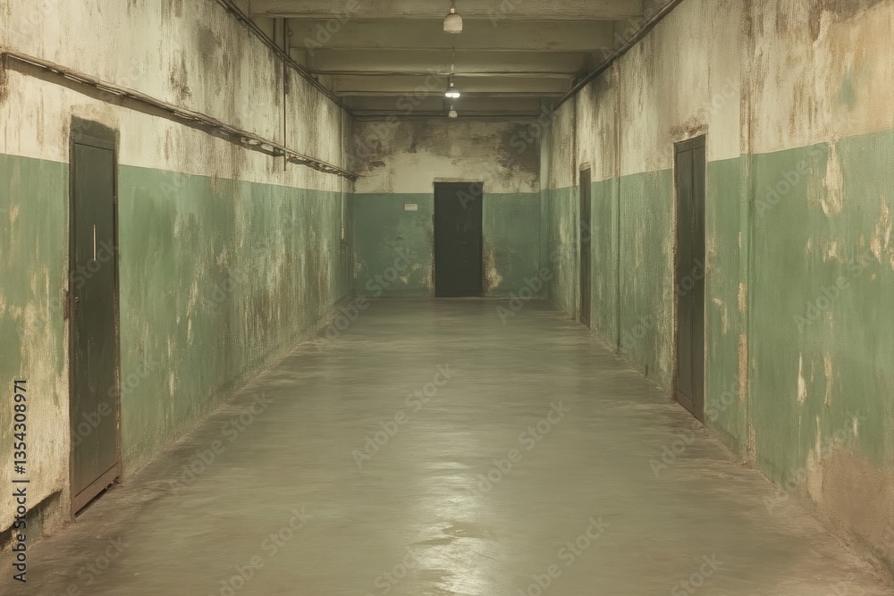 Obraz premium Empty, decaying corridor. Dark, dusty, and forgotten passageway. Old, weathered, and run-down interior