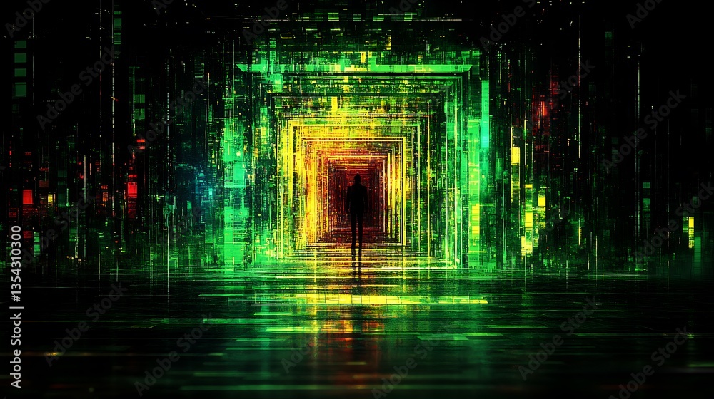 Digital Gateway Silhouette in Neon Corridor. Digital Gateway Silhouette in Neon Corridor.