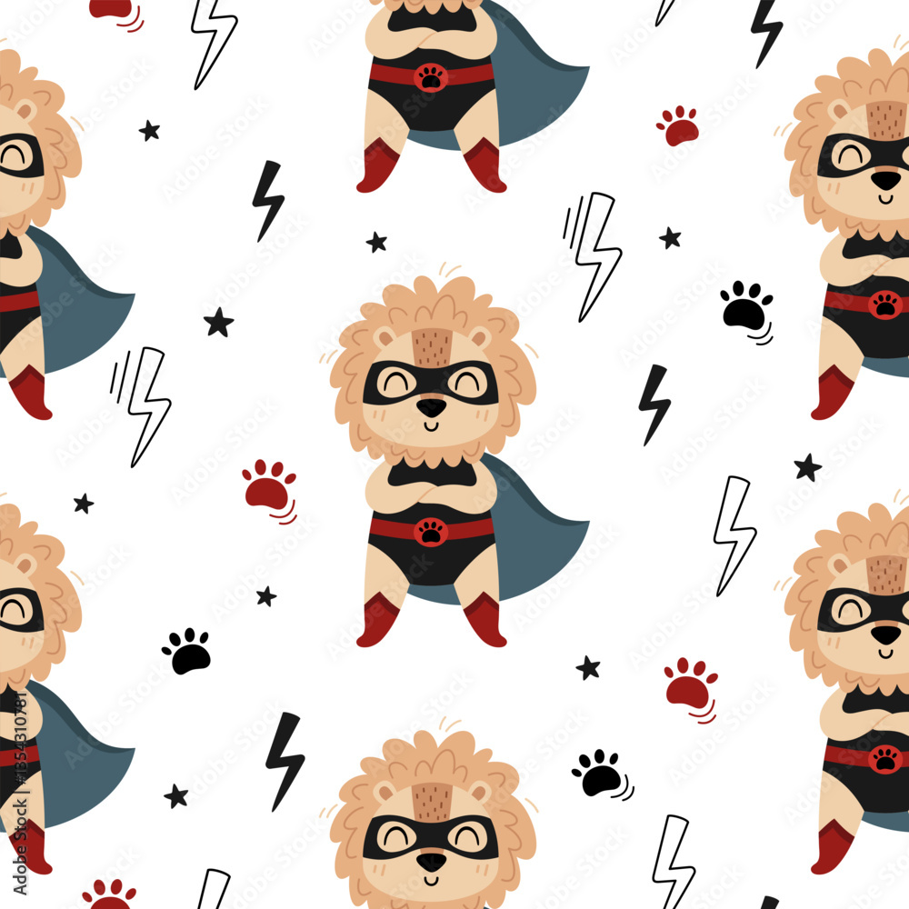 Superhero seamless pattern. Super hero lion pattern. Hand drawn vector pattern in flat style