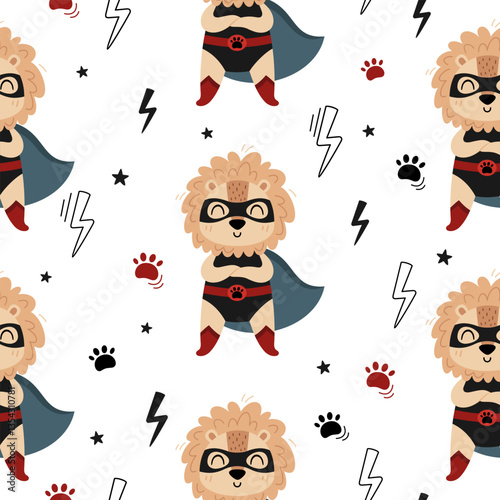 Superhero seamless pattern. Super hero lion pattern. Hand drawn vector pattern in flat style