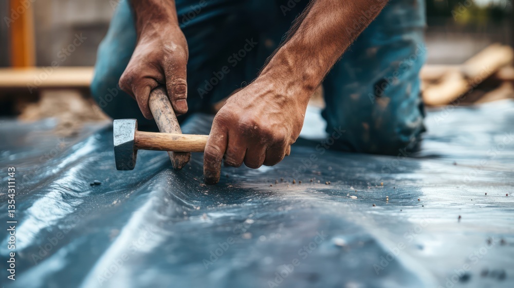 A construction worker's hand secures a tarp with a hammer and nails, ensuring stability and protection on-site. A construction worker's hand secures a tarp with a hammer and nails, ensuring stability and protection on-site.