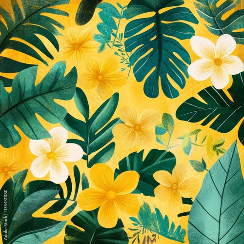 Digital illustration of tropical plants and blooms, bold greens and bright yellows, warm golden background, clean smooth textures, arranged in a lively scattered pattern.