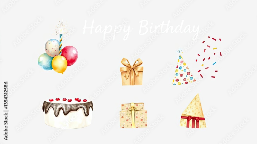 Naklejka premium Festive Birthday Party Watercolor Cake Balloons Gifts Hats Confetti