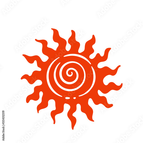 Summer sun with rays and spiral pattern. Ethnic tribal ornament inside solar circle. Wild west, Indian tribe decoration mascot, native cartoon sun and sunbeams vector illustration