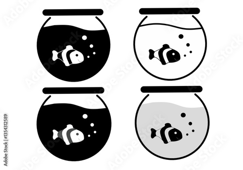 Aquarium Set. Collection of black, white and gray round Aquariums in cartoon style. Vector illustration. Round aquarium filled with water with a fish isolated on white background