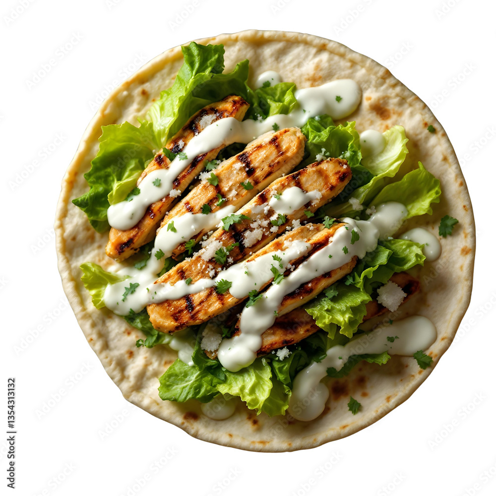 Grilled chicken, romaine lettuce, parmesan, and Caesar dressing in a tortilla transparent background Grilled chicken, romaine lettuce, parmesan, and Caesar dressing in a tortilla transparent background